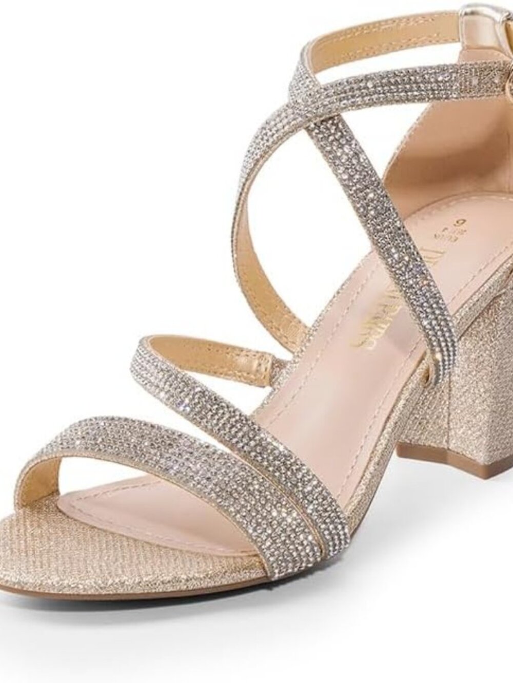 Women's Gold Rhinestone Block Chunky Heels Sandals Open Toe Cross Straps Shoes
